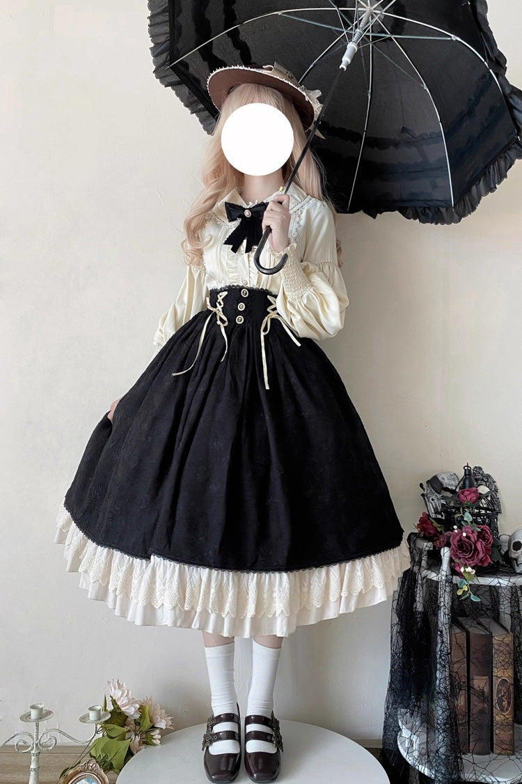 Black [Heart of Rose] High Waisted Ruffle Embroidery Lace-Up Sweet Vintage Elegant Palace Lolita Skirt - Product - 7
