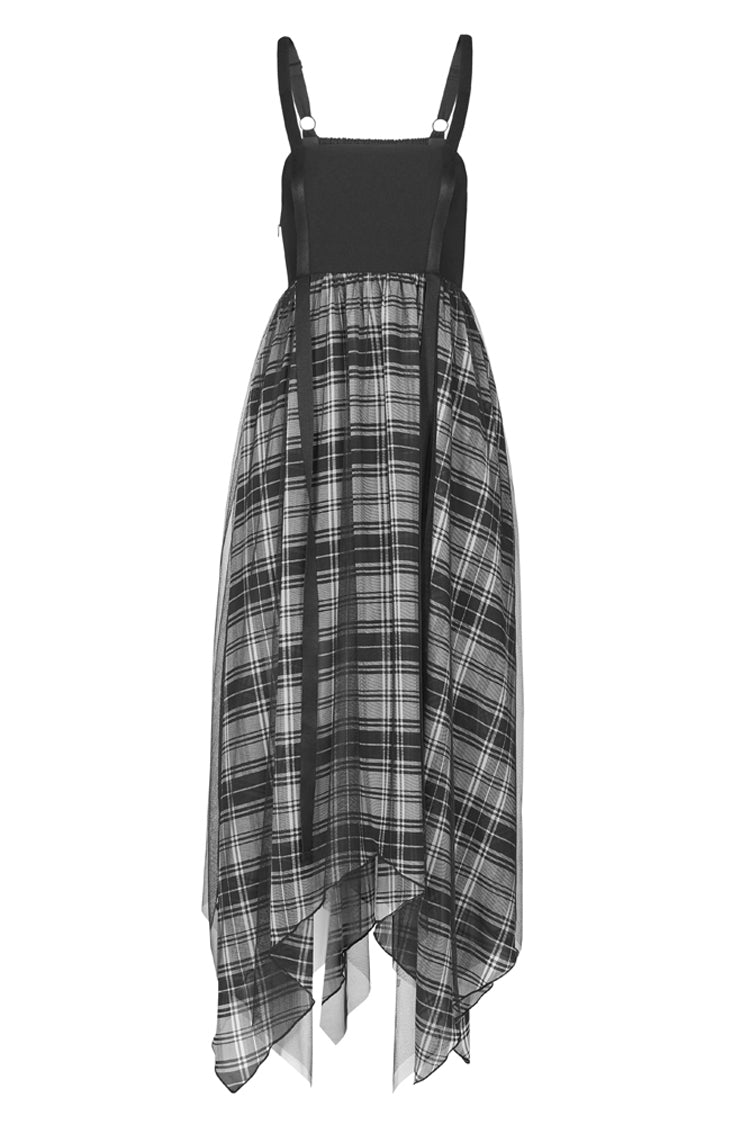 Black Metal Eyelets Shoulder Strap Irregular Hem Plaid Long Chiffon Women's Punk Slip Dress - Product - 4