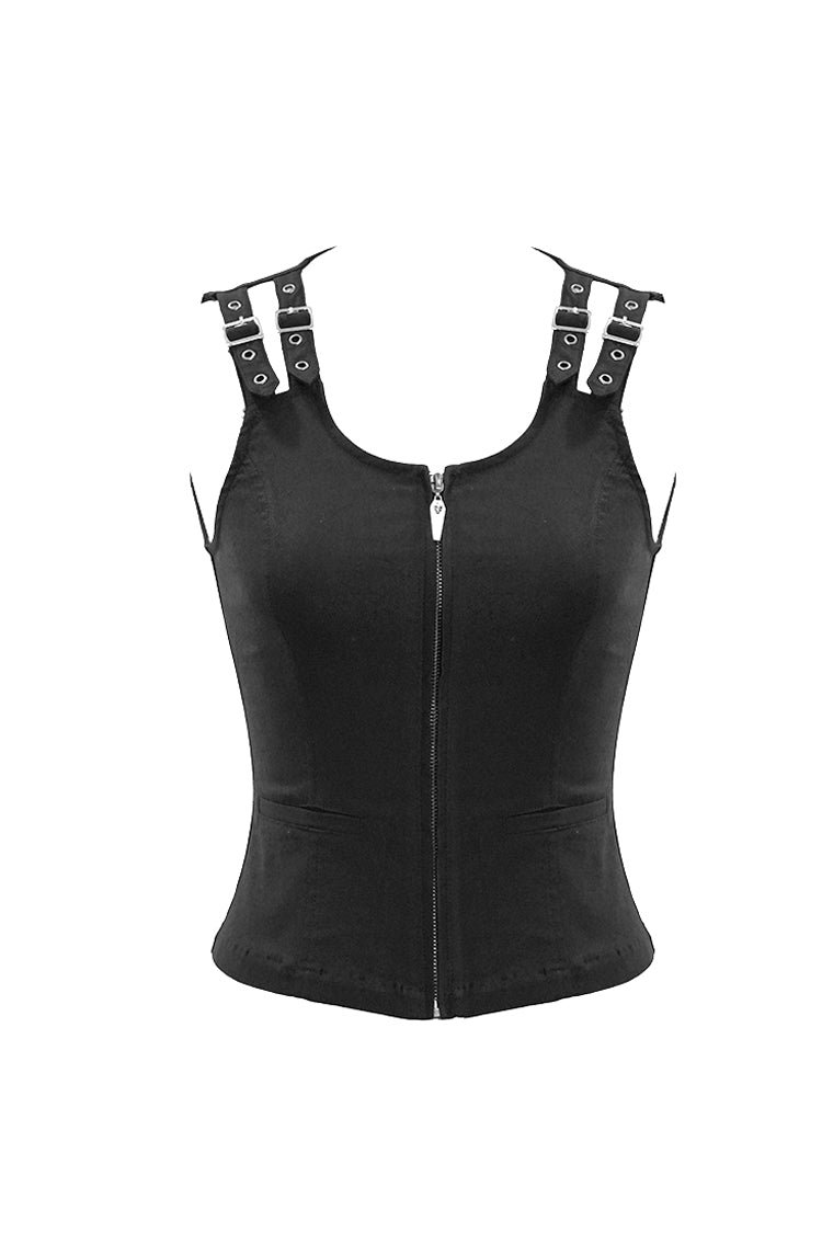 Black Lace Up Double Loops Front Shoulder Backless Women's Punk Waistcoat - Product - 5