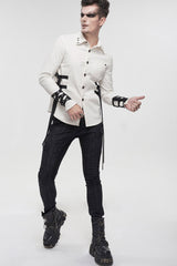 White Punk Nylon Strap Metal Buckle Decoration Long Sleeve Elasticity Thick Men's Shirt - Product - 3
