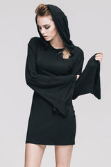 Black Punk Flared Sleeve Hooded Knit Womens Dress - Product - 3