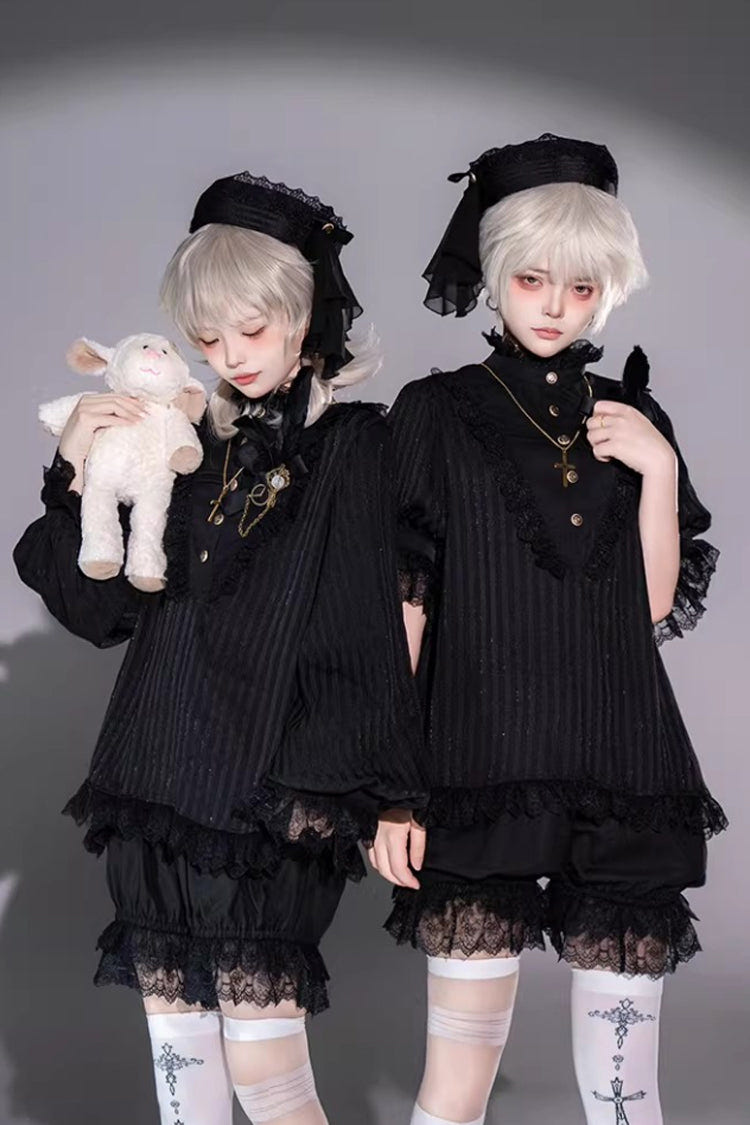Black Stand Collar Long Short Sleeves Printed Ruffled Lace Gothic Ouji Lolita Set 2 Versions - Product - 9