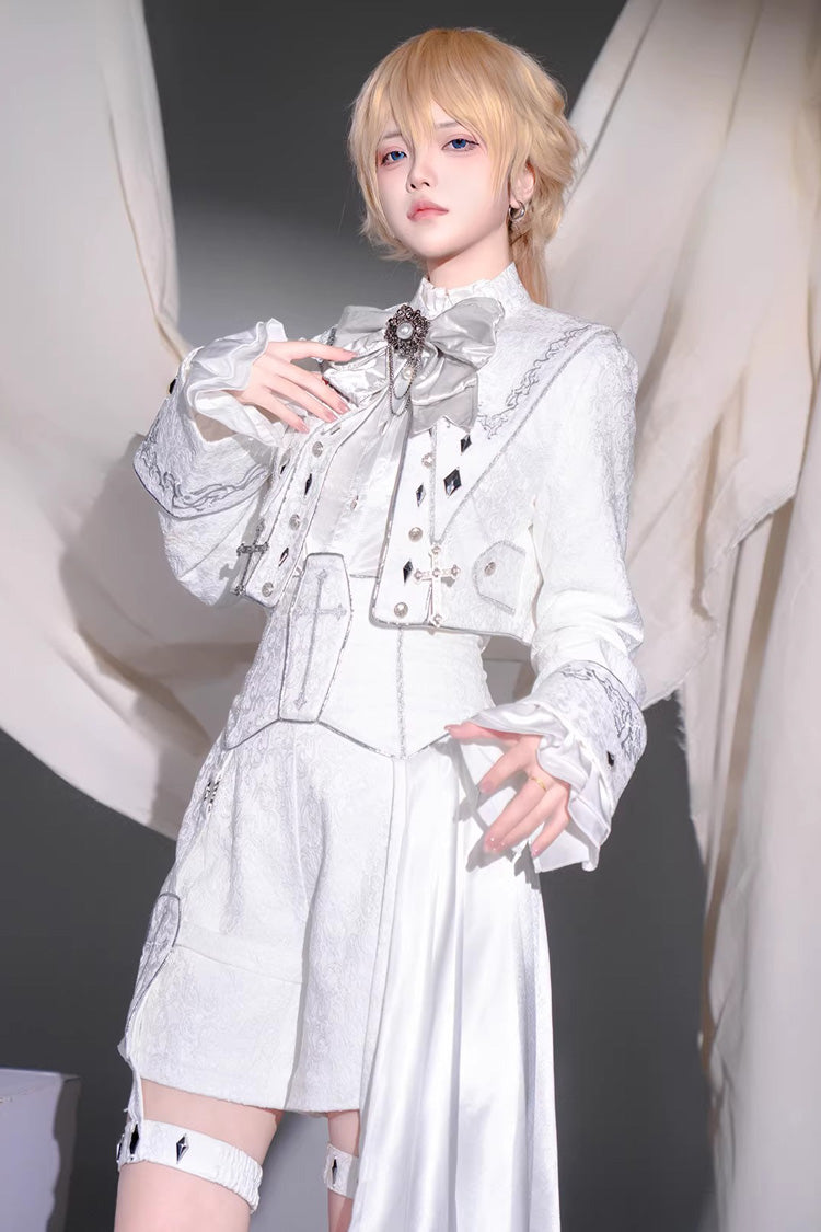 White [Silver-White Sacred Pact] Bow Asymmetric Gothic Prince Palace Ouji Lolita Shorts Coat Four-Piece Set - White(Set) - 1