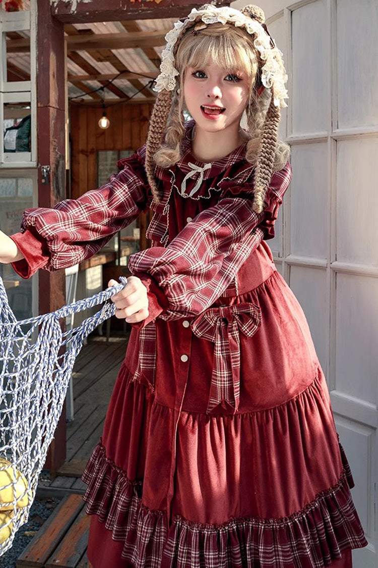 Red Velvet Plaid Print Bowknot Christmas Sweet Lolita Dress - Product - 5