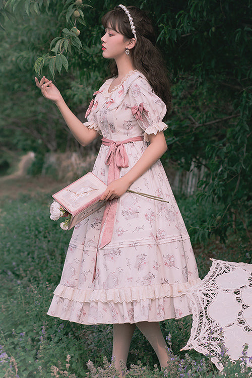 Beige Round Collar Short Sleeves Flower Print High Waist Sweet Lolita OP Dress - Product - 3