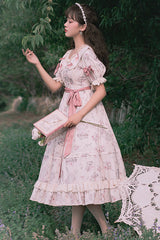 Beige Round Collar Short Sleeves Flower Print High Waist Sweet Lolita OP Dress - Product - 3