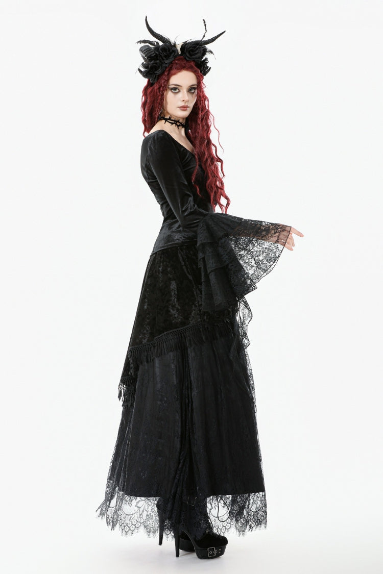 Black Square Collar Multi-Layered Lace Long Flared Sleeves Women's Gothic Palace Velvet Top - Product - 2