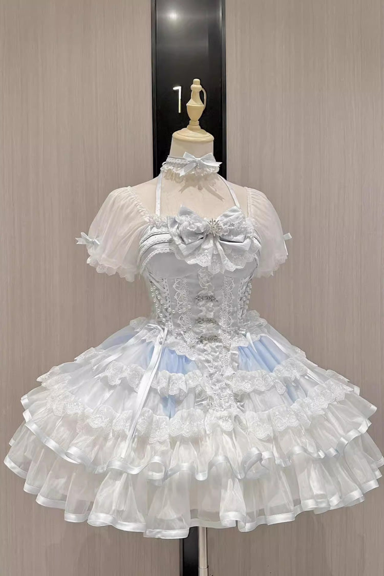 White/Blue [Ice Dance] Halterneck Multi-Layered Bowknot Lace Sweet Ballet Lolita Dress - Product - 5