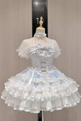 White/Blue [Ice Dance] Halterneck Multi-Layered Bowknot Lace Sweet Ballet Lolita Dress - Product - 5