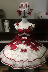 Red [Velvet Rabbit] Sleeveless Multi-Layered Ruffled Bow Sweet Lolita Jsk Dress Set - Red - 1