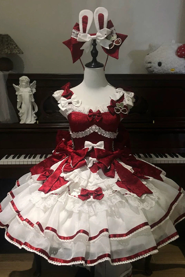 Red [Velvet Rabbit] Sleeveless Multi-Layered Ruffled Bow Sweet Lolita Jsk Dress Set - Red - 1
