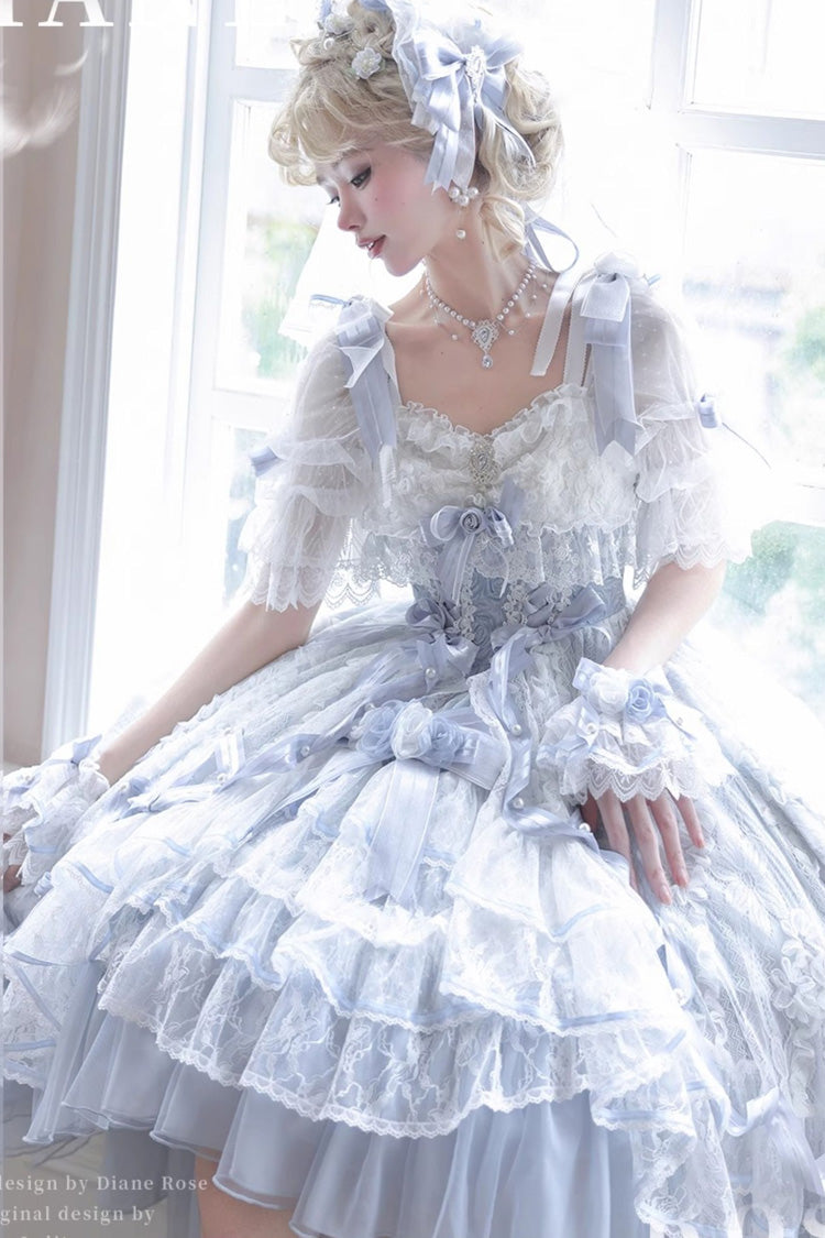 Blue [Diane Rose] Short Sleeves Multi-Layered Jacquard Ruffle Hanayome Cardigan Bowknot Lace Sweet Lolita Dress - Product - 5