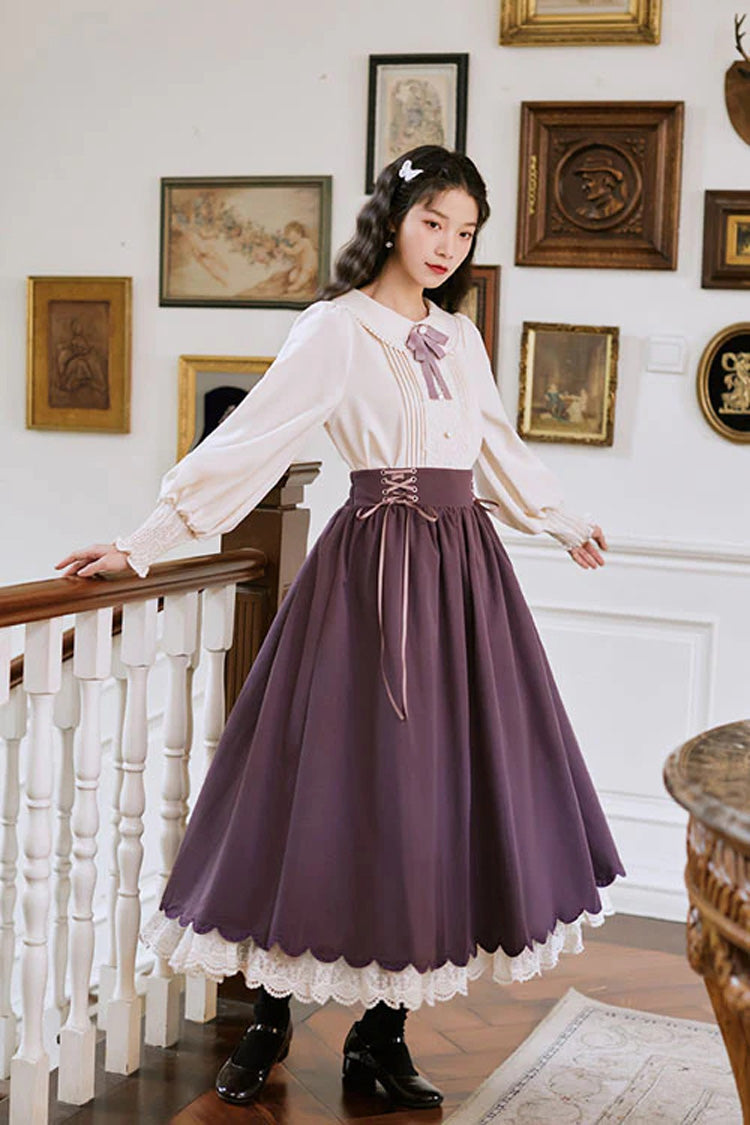 Solid Color High Waisted Lace Wave Hem Two Pieces Classic Lolita Dress - Product - 3