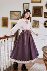 Solid Color High Waisted Lace Wave Hem Two Pieces Classic Lolita Dress - Product - 3
