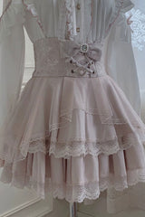 White/Pink [Dreamy Love Ballad] Lapel Collar Long Sleeves Double-Layered Ruffled Cut-Out Bow Gothic Japanese Jirai Kei Skirt Set - Pink-Skirt(Only) - 12