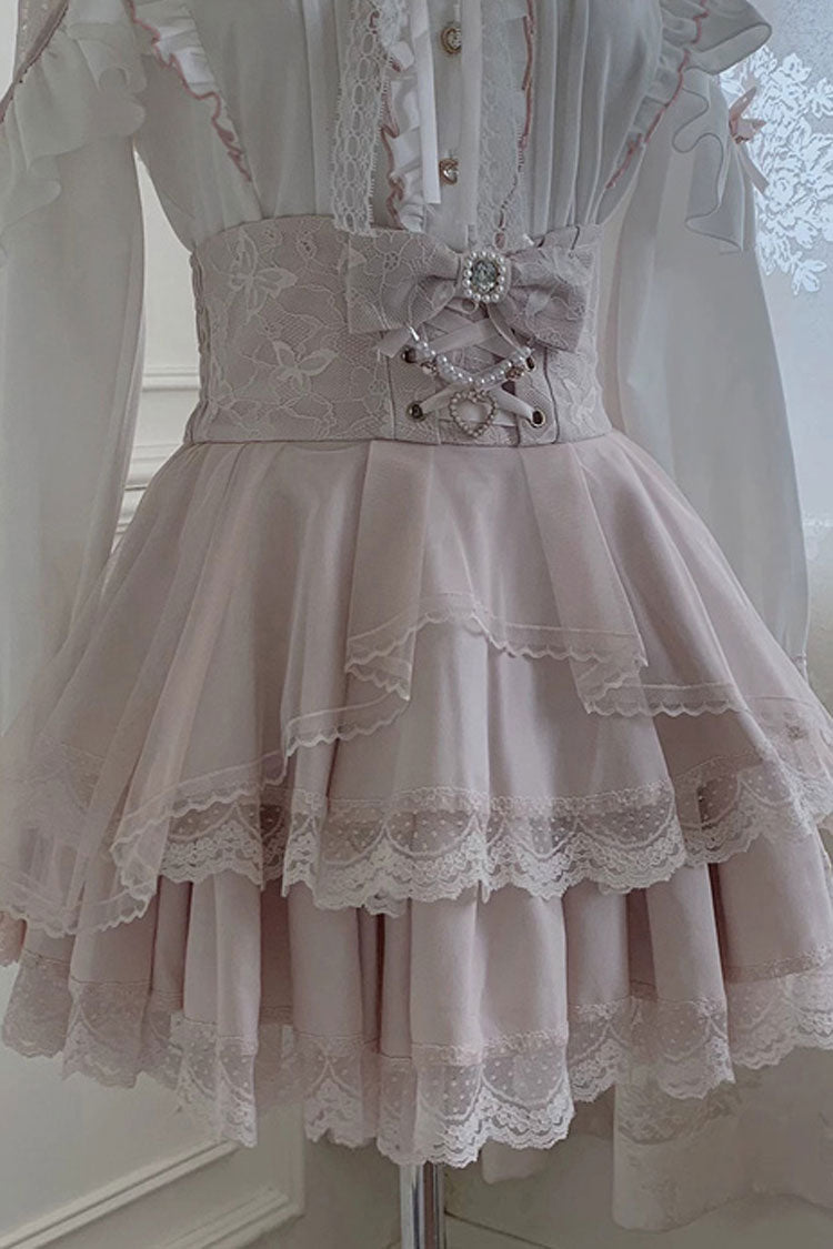 White/Pink [Dreamy Love Ballad] Lapel Collar Long Sleeves Double-Layered Ruffled Cut-Out Bow Gothic Japanese Jirai Kei Skirt Set - Pink-Skirt(Only) - 12