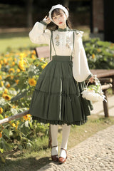 White/Green Country Style Midsummer Sunflower Sweet Lolita Skirt Two-Piece Set - Product - 2