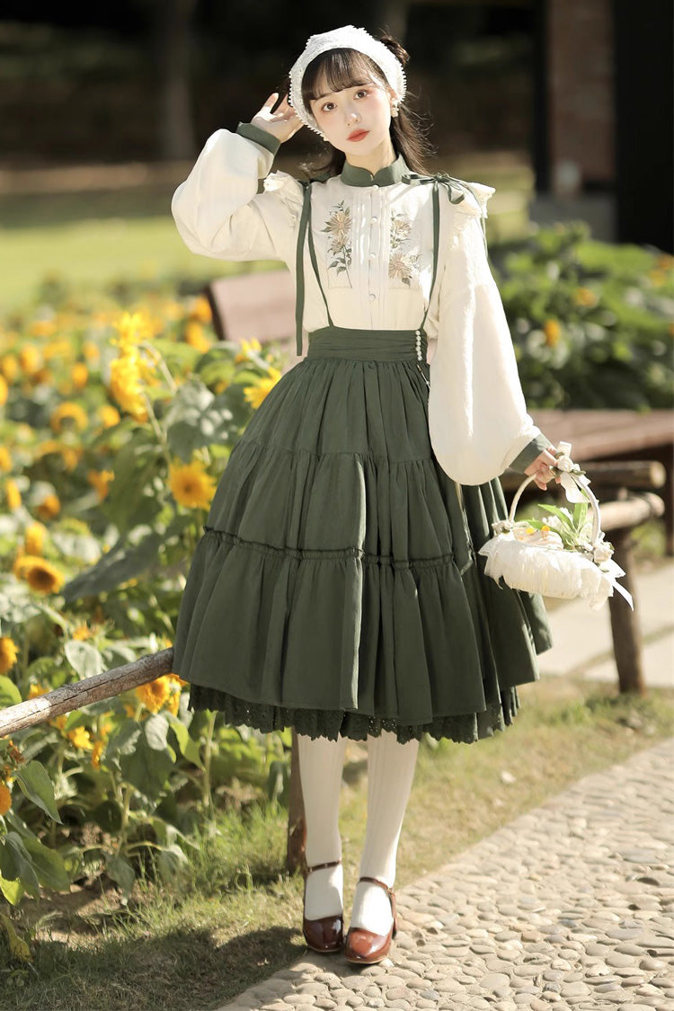 White/Green Country Style Midsummer Sunflower Sweet Lolita Skirt Two-Piece Set - Product - 2