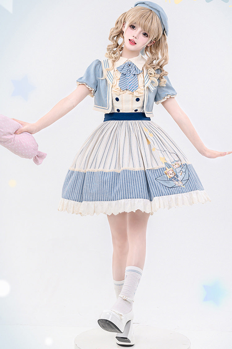 Blue/Ivory Catch The Stars Print Navy Style Sleeveless Ruffle Bowknot Sweet Lolita Dress - Product - 8