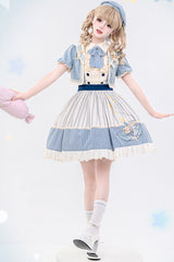 Blue/Ivory Catch The Stars Print Navy Style Sleeveless Ruffle Bowknot Sweet Lolita Dress - Product - 8