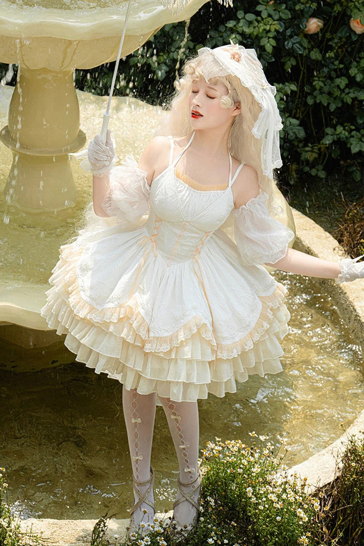 White Slim Ballet Style Multi-layer Ruffle Sweet Elegant Princess Lolita Jsk Dress - Product - 6