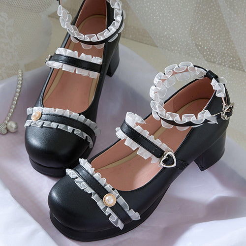 Frill Lace Simplicity Elegant Thick Heel Classic Lolita Shoes - Product - 6