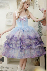 Multi-Color Three-layer Swan Lake Print Oil Painting Ruffle Bowknot Sweet Lolita Jsk Dress - Product - 6
