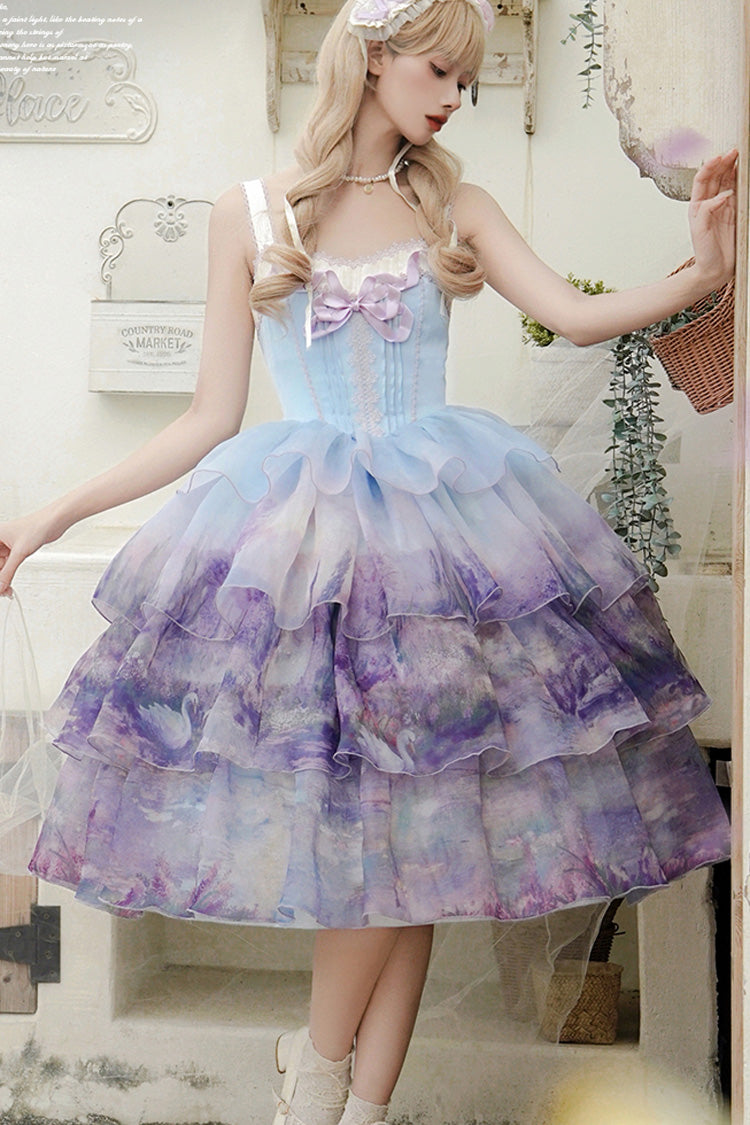 Multi-Color Three-layer Swan Lake Print Oil Painting Ruffle Bowknot Sweet Lolita Jsk Dress - Product - 6