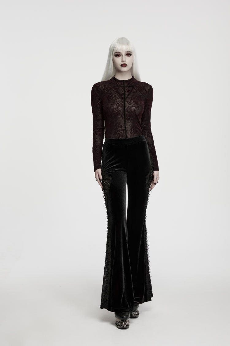 Black Patchwork Slim Fit Women's Gothic Floral Lace Spliced Beaded Tassel Flare Pants - Black - 1