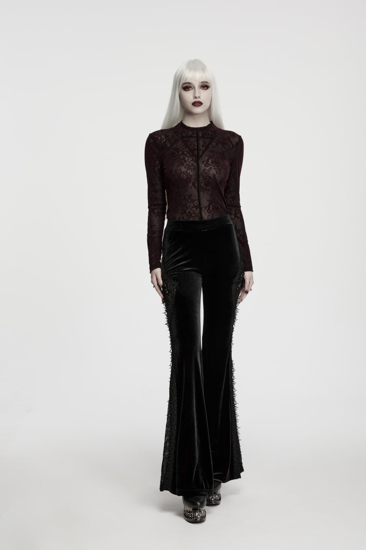 Black Patchwork Slim Fit Women's Gothic Floral Lace Spliced Beaded Tassel Flare Pants - Black - 1