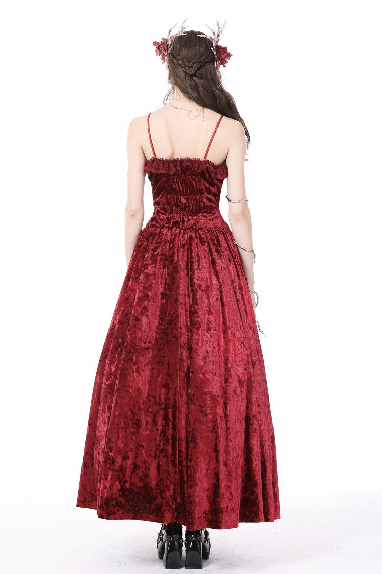 Red Sleeveless Spliced Lace Chain-Decorated Women's Gothic Velvet Slip Maxi Dress - Product - 4