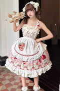 Ivory Strawberry Bear Sleeveless Double-Layered Print Ruffle Bowknot Sweet Princess (Dress Only) front view