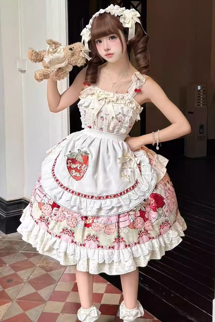 Ivory Strawberry Bear Sleeveless Double-Layered Print Ruffle Bowknot Sweet Princess (Dress Only) front view