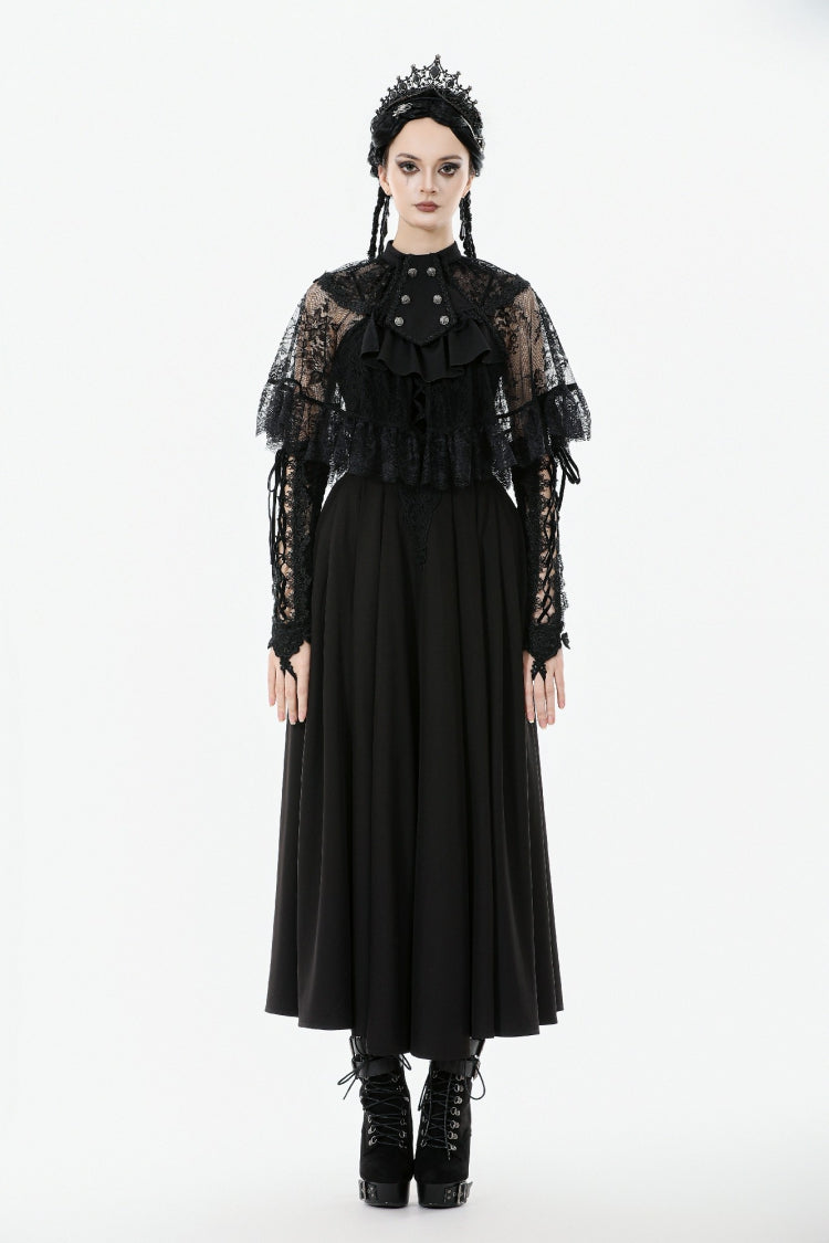 Black Bouble-Breasted Floral Lace Women's Gothic Cape - Product - 5