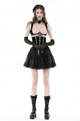 Black/Pink Lace Splice Velvet Lace-Up Women's Grunge Bustier - Product - 9