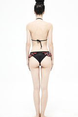 Black/Red Lace-Up Frilly Chest Skull Bell Women's Punk Swimsuit Top - Product - 7