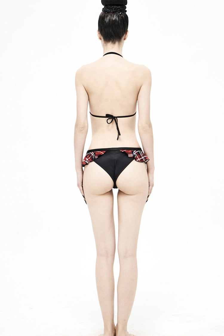 Black/Red Lace-Up Frilly Chest Skull Bell Women's Punk Swimsuit Top - Product - 7