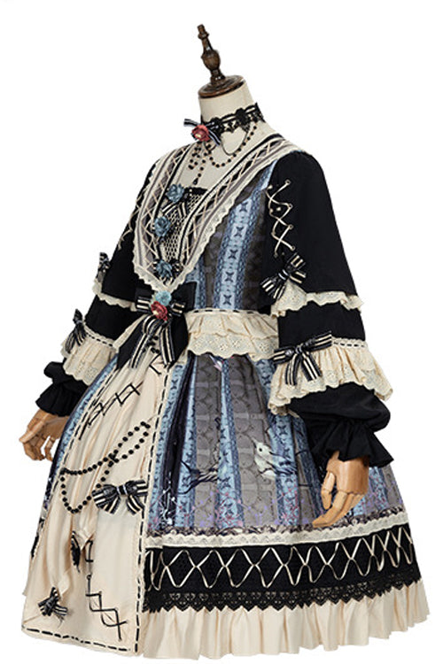 Multi-Color Ruffled Sleeve Retro Printed High Waist Classic Lolita OP Dress - Product - 6