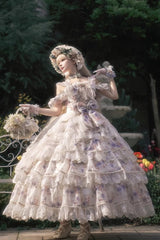 Blue [Rose Letter] Off Shoulder Triple-Layered Print Ruffle Hanayome Sweet Princess Lolita Dress - Product - 11