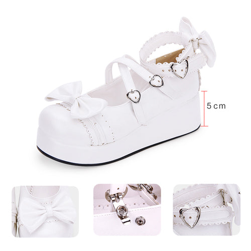 Cute Round Toe Shallow Mouth Bowknot Middle Heels Lolita Shoes - Product - 11