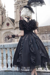 Black V-Neck Lace Cla Daily Short Puff Sleeves Gothic Lolita Dress - Product - 10