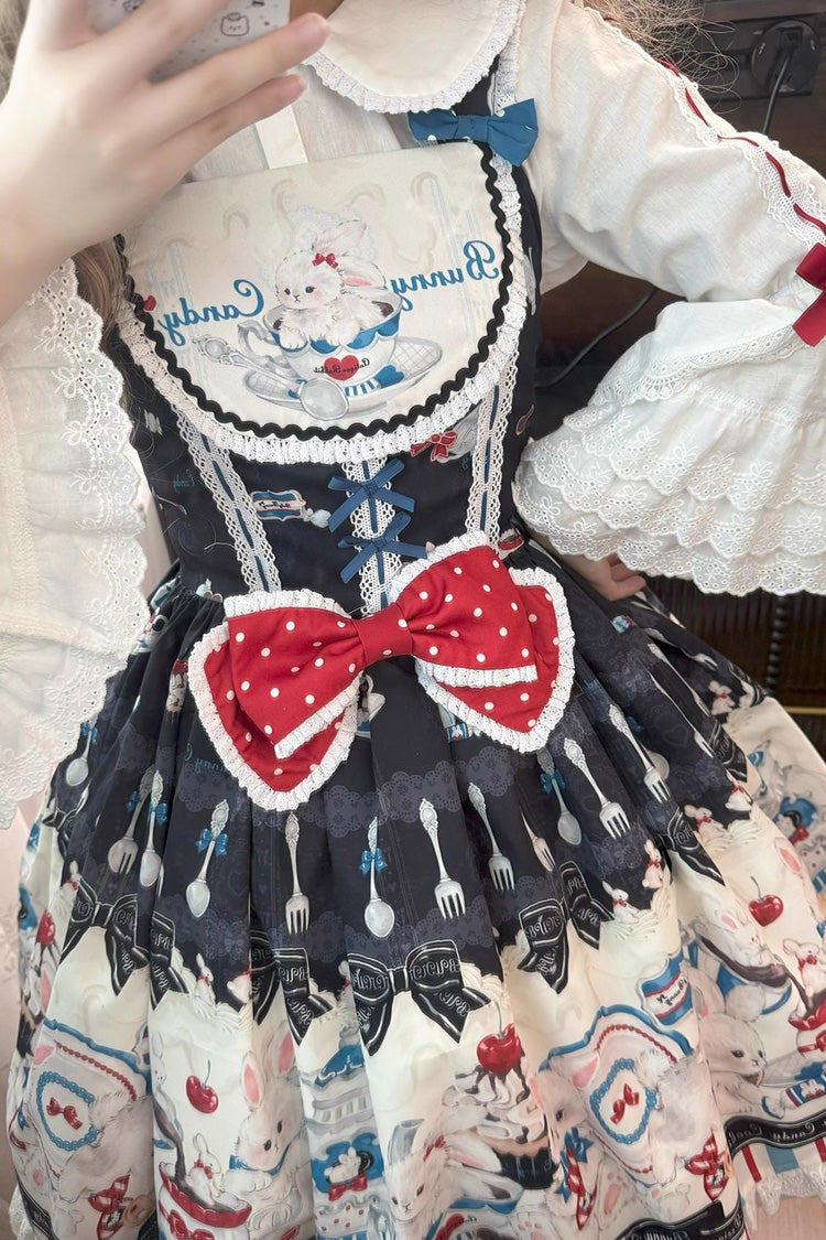 Black [Mystery Rabbit Tea Party] Sleeveless Print Ruffle Bowknot Lace Sweet Lolita Jsk Dress - Product - 6