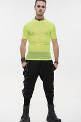 Yellow Gothic Crew Neck Diamond-Shaped Net Hyperelastic Short Sleeve Men's T-Shirt - Product - 4