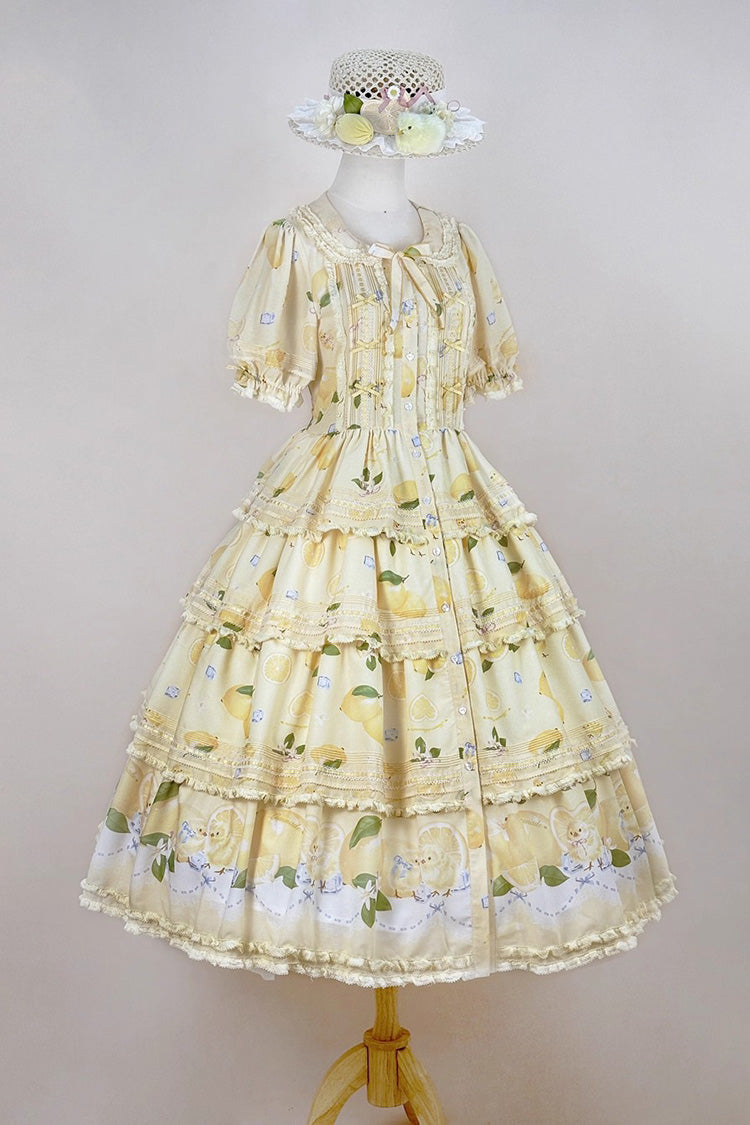 Yellow [Lemon Chicken] Short Sleeves Triple-Layered Print Ruffle Bowknot Lace Sweet Gorgeous Lolita Dress - Product - 5