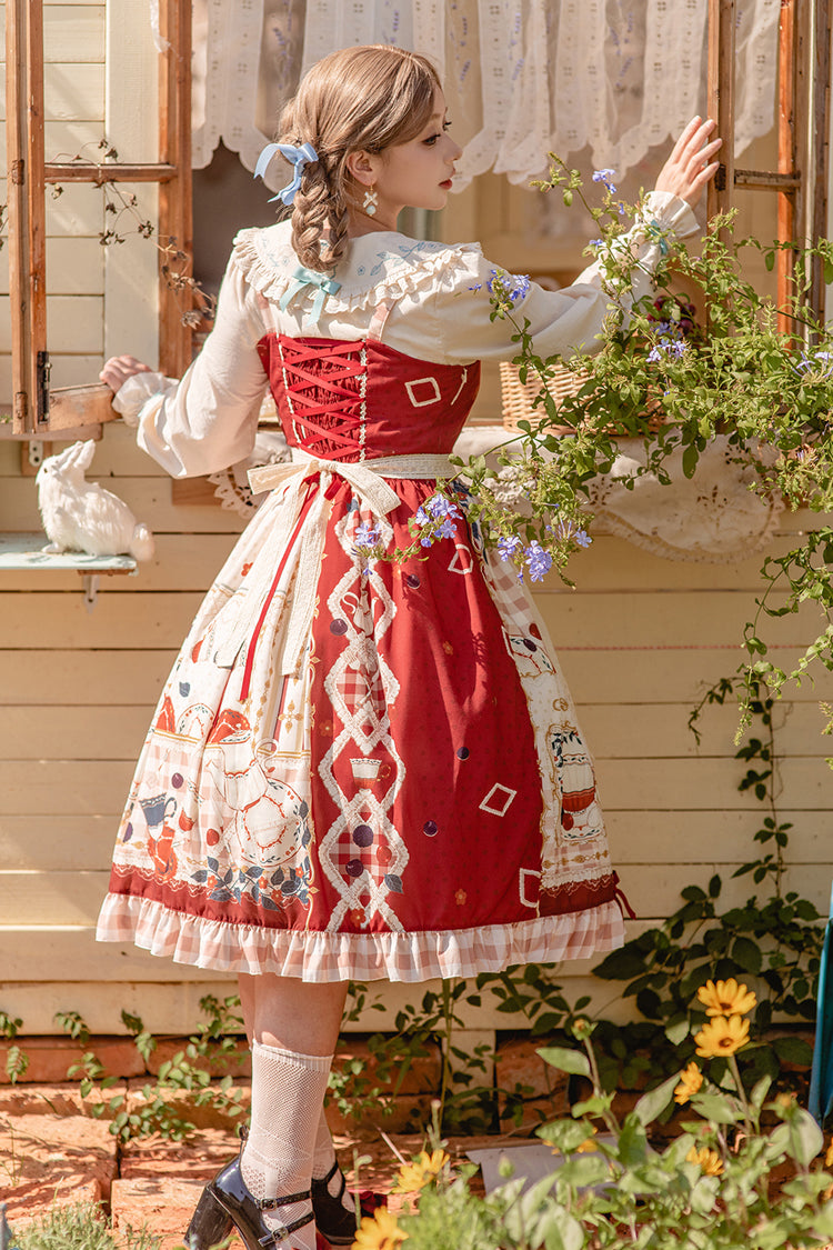 Red [Tea Party] Print Ruffle Bowknot Lace Sweet Elegant Lolita Jsk Dress - Product - 6