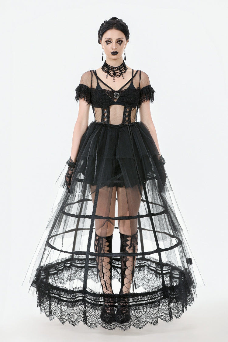 Black V Collar Short Sleeves Multi-Layered Sheer Mesh Women's Gothic Dress - Product - 5
