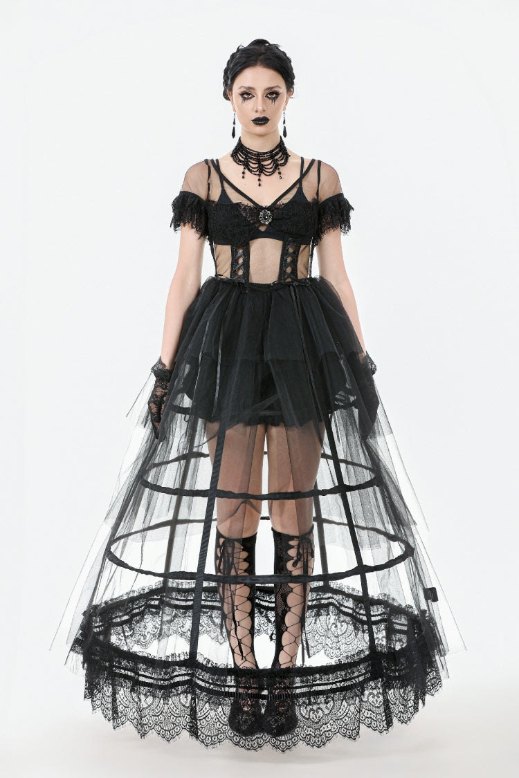Black V Collar Short Sleeves Multi-Layered Sheer Mesh Women's Gothic Dress - Product - 5