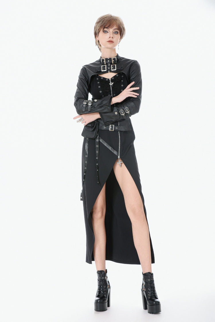 Black PU Leather Long Sleeves Buckled Strap Zippered Women's Punk Shrug - Product - 9