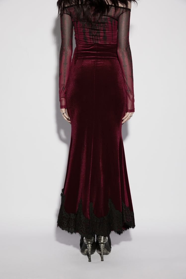 Red Lace Velvet Pleated Women's Gothic Elegant Mermaid Skirt - Product - 8