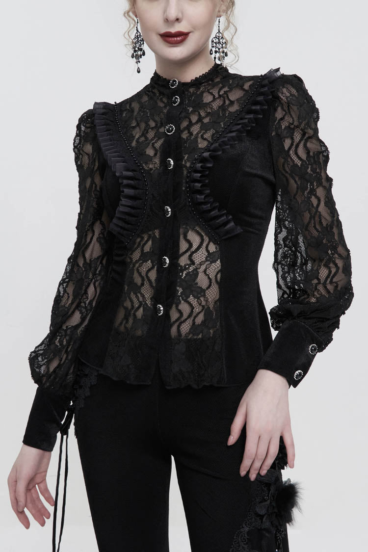 Black Velvet High Neck Lace Fake Bra Design Splicing Three-Dimensional Butterfly Mesh Women's Gothic Shirt - Black - 1